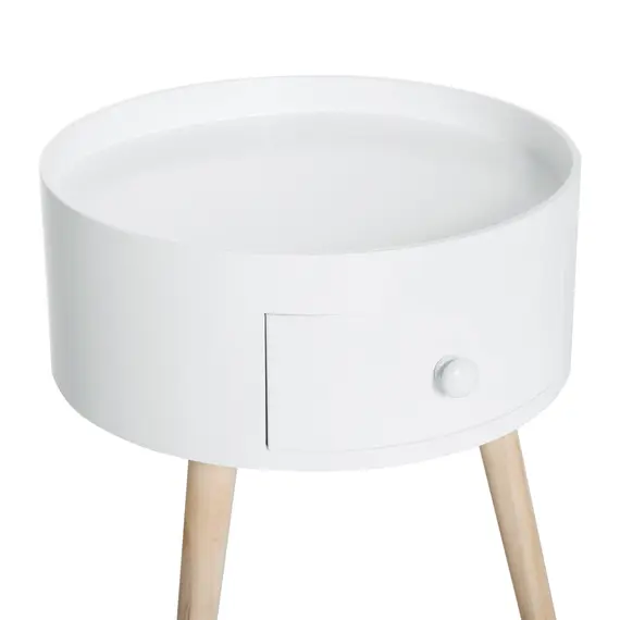Buy Modern Side Table, Small Coffee Table, Round Bedside Table with Drawer and Wood Legs for Living Room, Bedroom, Set of 2, White, 9 image