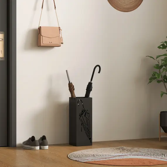 Buy Metal Umbrella Stand, Square Umbrella Holder with 4 Hooks and Removable Drip Tray, Decorative Umbrella Storage Rack for Entryway, Hallway, 15.5 x 15.5 x 41 cm, Black, 8 image