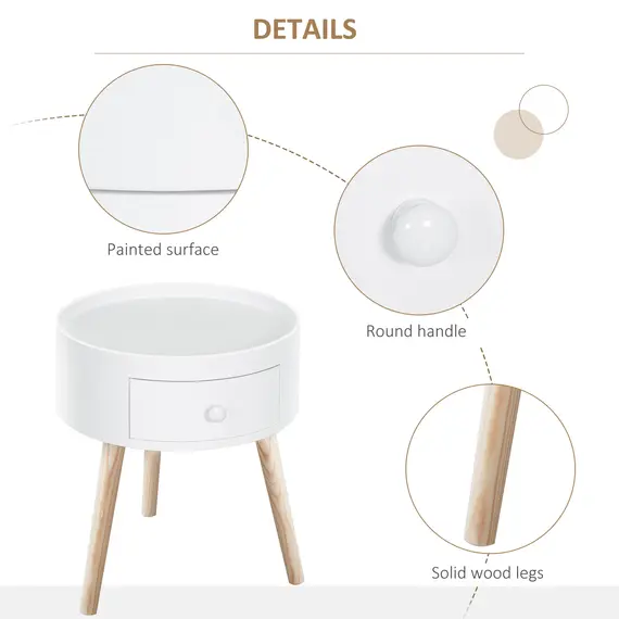 Buy Modern Side Table, Small Coffee Table, Round Bedside Table with Drawer and Wood Legs for Living Room, Bedroom, Set of 2, White, 4 image