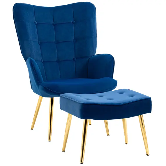 Buy Modern Armchair with Footstool, Upholstered Accent Chair with Ottoman, Steel Legs, Velvet Wingback Chair for Living Room, Bedroom, Home Study, Dark Blue