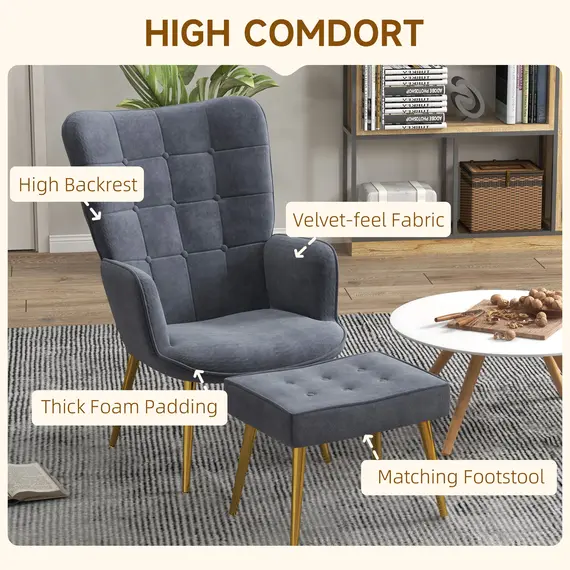Buy Modern Armchair with Footstool, Upholstered Accent Chair with Ottoman, Steel Legs, Velvet Wingback Chair for Living Room, Bedroom, Home Study, Dark Grey, 4 image