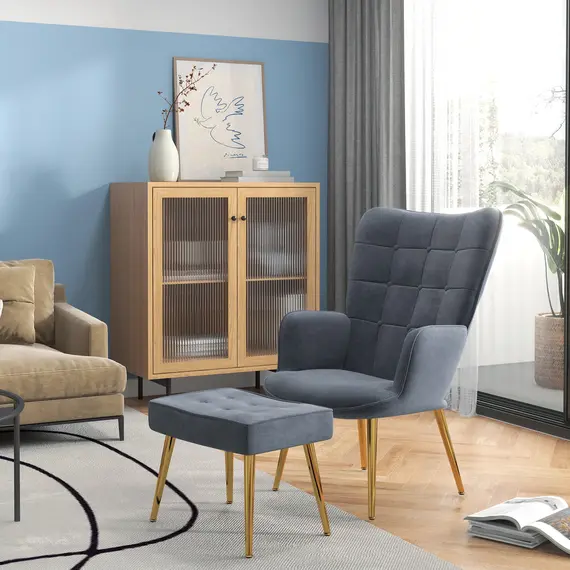 Buy Modern Armchair with Footstool, Upholstered Accent Chair with Ottoman, Steel Legs, Velvet Wingback Chair for Living Room, Bedroom, Home Study, Dark Grey, 2 image