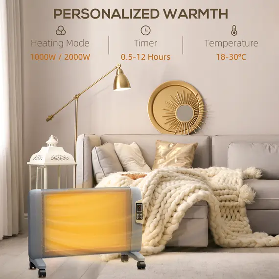 Buy Mica Electric Space Heater, Portable Heater for Home with 2 Heat Settings, Living Room, Study, Garage, Adjustable Temperature 18-30°C, 1000W/2000W, Grey, 5 image