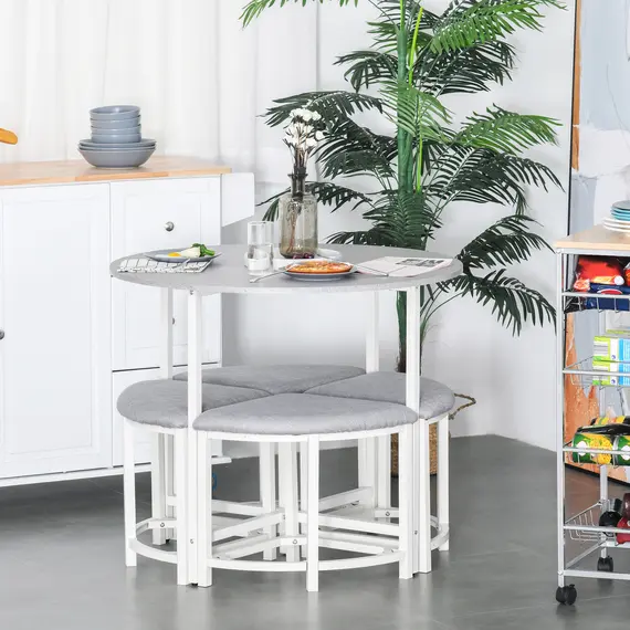 Buy Modern Round Dining Table Set with 4 Upholstered Stools for Dining Room, Kitchen, Grey, 8 image