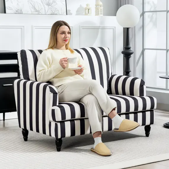 Buy Modern Cuddle Chair, Velvet Single Sofa Armchair with Stripe, Turned Legs and Wide Seat, Upholstered Snuggle Chair for Living Room, Bedroom, Black and White, 2 image