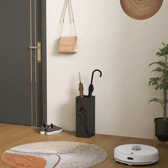 Buy Metal Umbrella Stand, Square Umbrella Holder with 4 Hooks and Removable Drip Tray, Decorative Umbrella Storage Rack for Entryway, Hallway, 15.5 x 15.5 x 41 cm, Black, 2 image