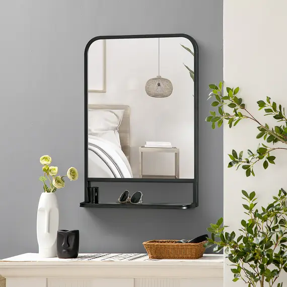 Buy Modern Square Wall Mirror with Storage Shelf, 70 x 50 cm Mirrors for Living Room, Bedroom, Black, 5 image