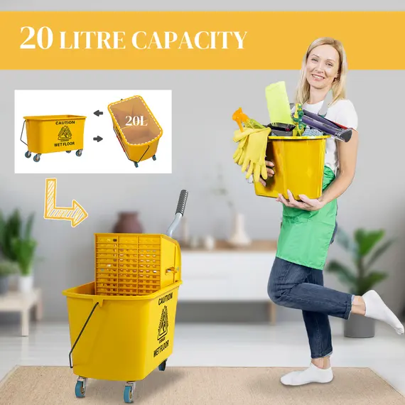 Buy Mop Bucket with Wringer Set on Wheels for Floor Cleaning, 20 Litre Side Press Wringer with Handle and Mop, Yellow, 4 image