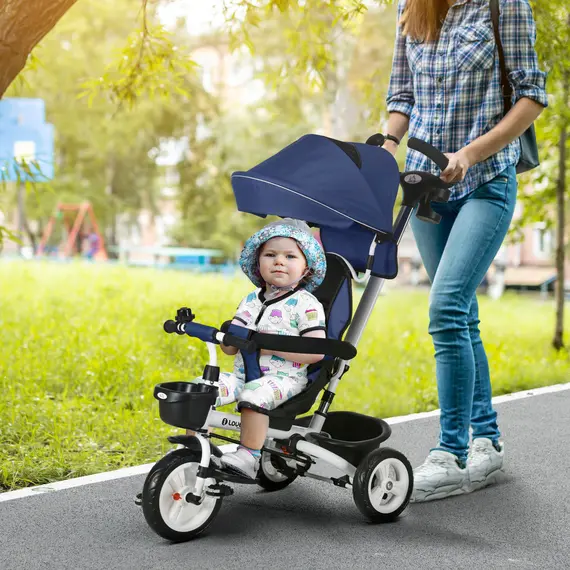 Buy Metal Frame 6 in 1 Baby Push Tricycle with Parent Handle for 1-5 Years Old, Dark Blue, 2 image