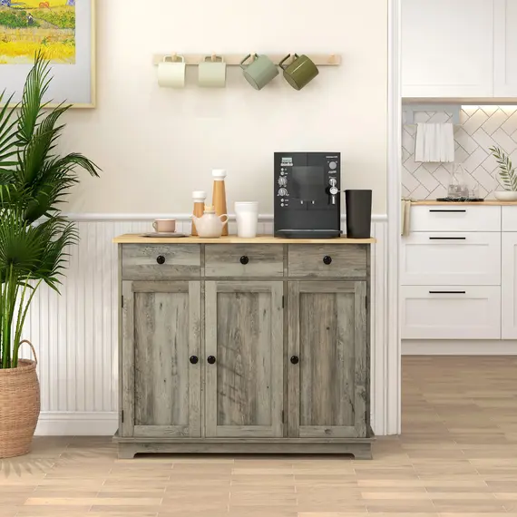 Buy Modern Sideboard with Rubberwood Top, Buffet Cabinet with Storage Cabinets, Drawers and Adjustable Shelves for Dining Room, Kitchen, Grey Wood-Effect, 2 image