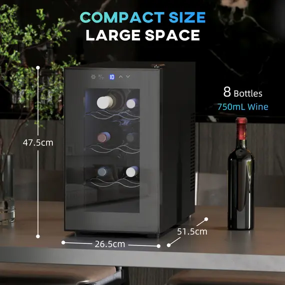 Buy Mini Table Top Wine Fridge, 8 Bottle, 17L, 8-18„ƒ, 26.5cm Quiet Under Counter Wine Cooler Fridge with Glass Door, LED Light, Digital Touch Screen, Temperature Control, 3 image