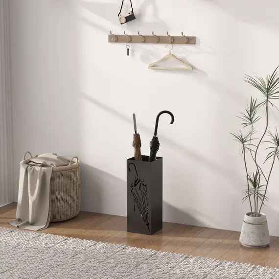 Buy Metal Umbrella Stand, Square Umbrella Holder with 4 Hooks and Removable Drip Tray, Decorative Umbrella Storage Rack for Entryway, Hallway, 15.5 x 15.5 x 41 cm, Black, 7 image