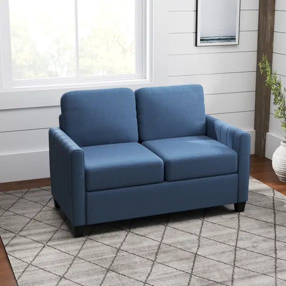 Buy Modern Boxy Linen-Look Two-Seater Sofa - Blue, 8 image