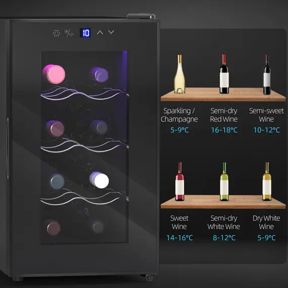 Buy Mini Table Top Wine Fridge, 8 Bottle, 17L, 8-18„ƒ, 26.5cm Quiet Under Counter Wine Cooler Fridge with Glass Door, LED Light, Digital Touch Screen, Temperature Control, 9 image