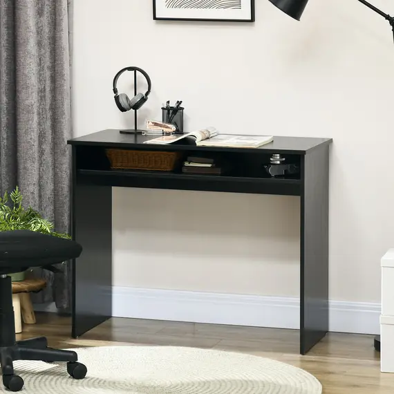 Buy Modern Computer Desk, Home Office Table, Small Writing Desk with Storage Shelf, 90 x 50cm, Black Wood Grain, 7 image