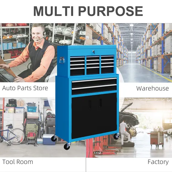 Buy Portable Tool Box, Metal Tool Chest on Wheels with 6 Drawers for Garage and Workshop, Blue, 5 image