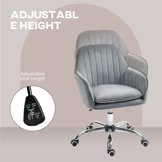 Buy Office Chair, Swivel Desk Chair, Velvet-Feel Fabric Vanity Chair with Adjustable Height and Rolling Wheels for Home Work Study, Grey, 6 image