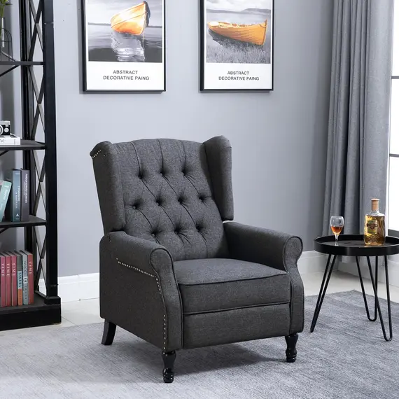 Buy Recliner Armchair, Vintage Reclining Chair with Nail Head Trim, Wingback Chair with Button Tufted Back and Footrest, for Living Room, Dark Grey, 2 image