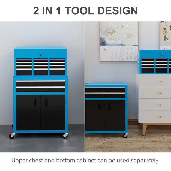 Buy Portable Tool Box, Metal Tool Chest on Wheels with 6 Drawers for Garage and Workshop, Blue, 4 image