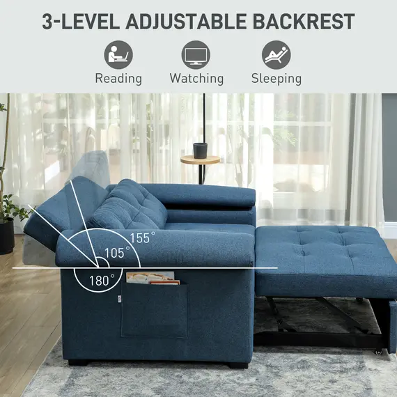 Buy Pull Out Sofa Bed, Fabric 2 Seater Click Clack Sofa Bed Settee with 2 Pocket Springs, Convertible Sofa Couch with Pillows and Side Pockets for Living Room, Home Office, Blue, 6 image