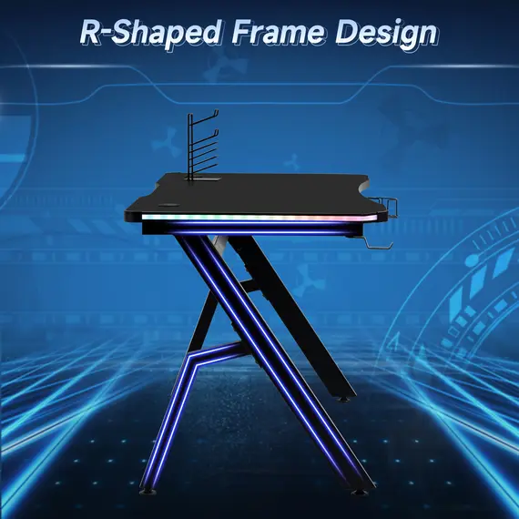 Buy RGB 120 x 66cm Gaming Desk, Computer Table with Carbon Fibre Surface, Headphone Hook, Cup Holder, Controller Rack, Home Office Desk, Black, 7 image