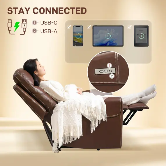 Buy Power Lift Recliner Chair for Elderly, Overstuffed Faux Leather Riser and Reclining Chair with USB A+C Ports, Remote Control, Recliner Armchair for Living Room, Brown, 5 image