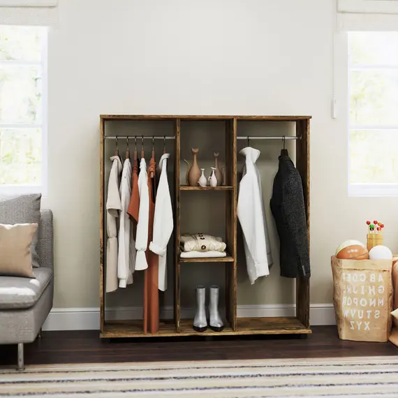 Buy Open Wardrobe Double Mobile Storage Shelves Organizer W/6 Wheels-Rustic Brown, 7 image