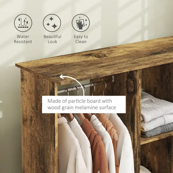 Buy Open Wardrobe Double Mobile Storage Shelves Organizer W/6 Wheels-Rustic Brown, 4 image