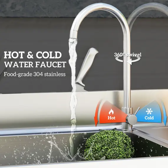 Buy Outdoor Stainless Steel Kitchen Sink, Freestanding Sink Single Bowl with Cold and Hot Water Pipe and Storage Shelves, 6 image
