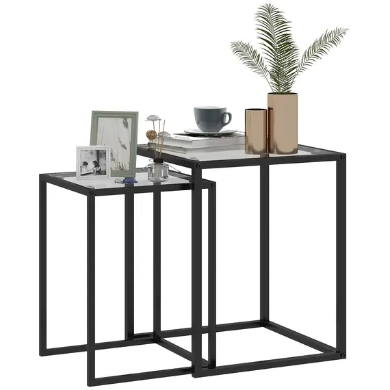 Buy Nesting Tables Set of 2, Side End Table with Tempered Glass Top and Steel Frame for Living Room, Bedroom, Black