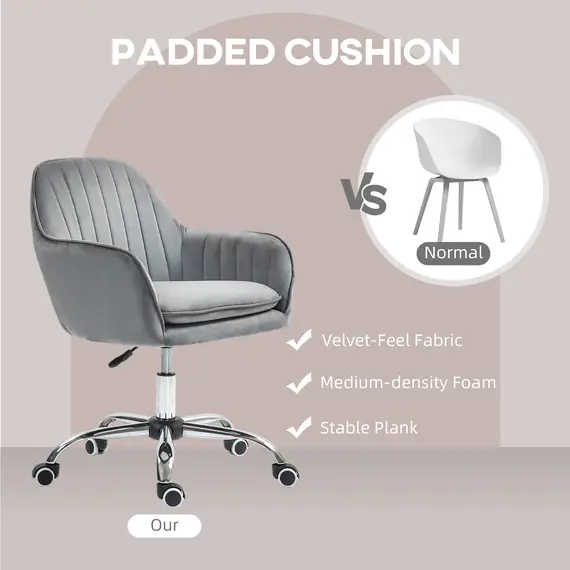 Buy Office Chair, Swivel Desk Chair, Velvet-Feel Fabric Vanity Chair with Adjustable Height and Rolling Wheels for Home Work Study, Grey, 4 image