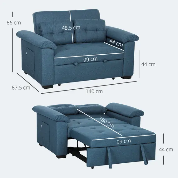 Buy Pull Out Sofa Bed, Fabric 2 Seater Click Clack Sofa Bed Settee with 2 Pocket Springs, Convertible Sofa Couch with Pillows and Side Pockets for Living Room, Home Office, Blue, 3 image