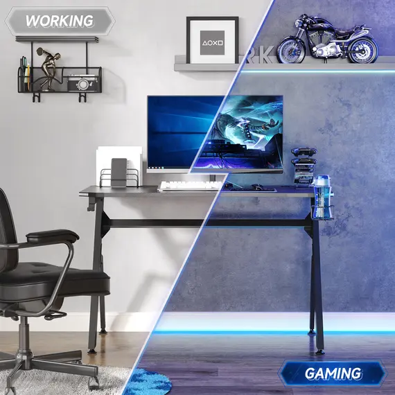 Buy RGB 120 x 66cm Gaming Desk, Computer Table with Carbon Fibre Surface, Headphone Hook, Cup Holder, Controller Rack, Home Office Desk, Black, 6 image