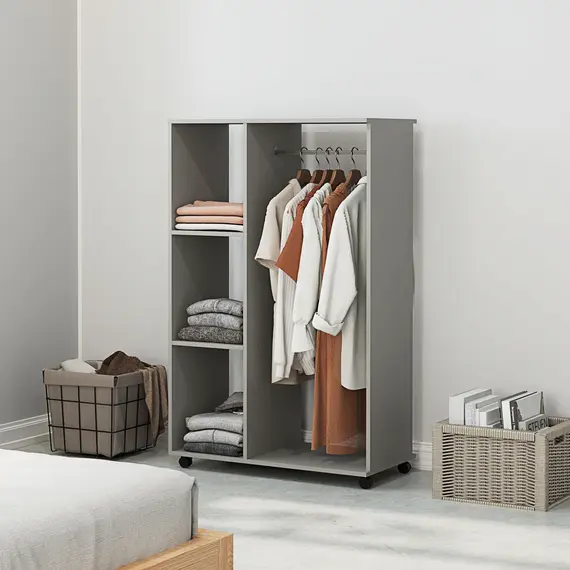 Buy Open Wardrobe on Wheels, Bedroom Wardrobe with Clothes Hanging Rail, 3 Storage Shelves, Mobile Garment Rack for Cloakroom, Hallway, Grey, 2 image