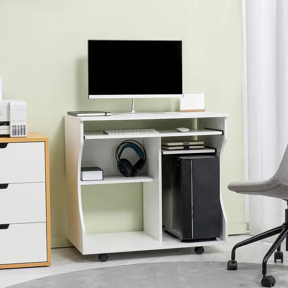 Buy Multi-Storage Compact Work Desk, with Wheels - White, 2 image