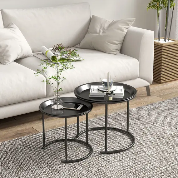 Buy Nesting Tables Set of 2, Side End Table with Removable Tabletop Tray and Steel Frame for Living Room, Bedroom, Black, 7 image