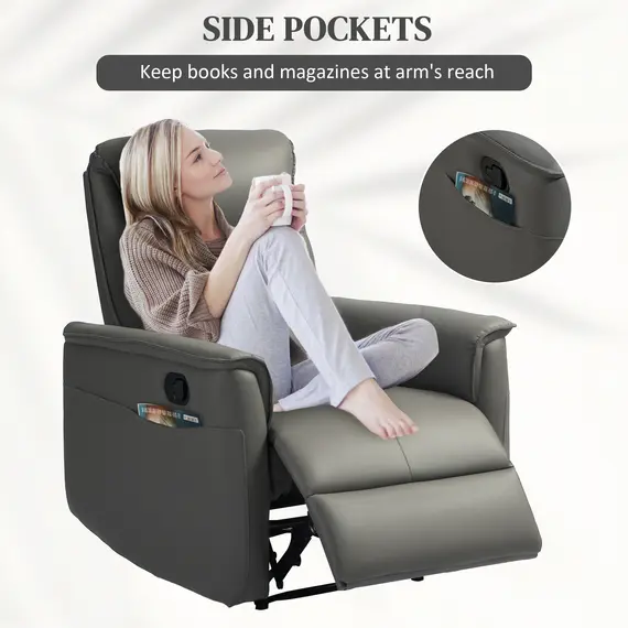 Buy Recliner Armchair with Thick Padded Spring Cushion, Microfibre Manual Reclining Chair with Adjustable Leg Rest, Side Pockets for Living Room, Bedroom, Light Grey, 8 image