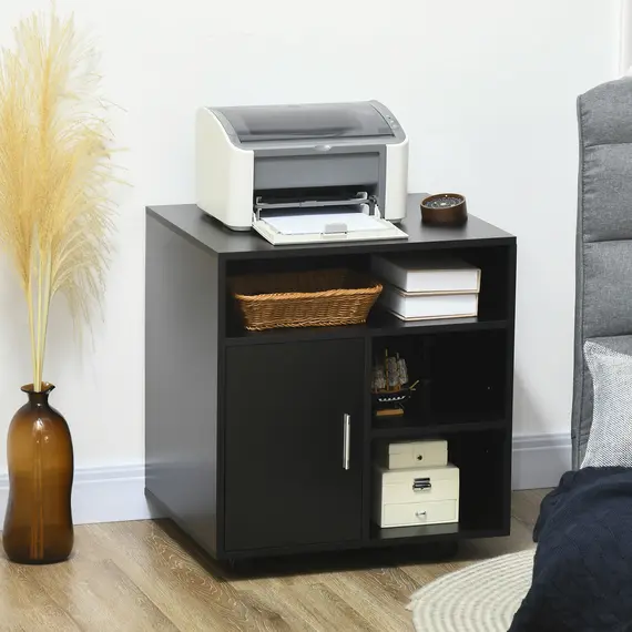 Buy Multi-Storage Printer Stand Unit Office Desk Side Mobile Storage w/ Wheels Modern Style 60L x 50W x 65.5H cm - Black, 2 image