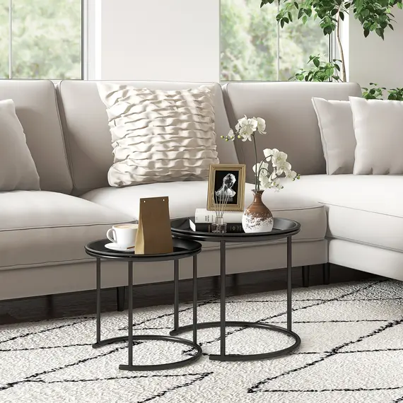 Buy Nesting Tables Set of 2, Side End Table with Removable Tabletop Tray and Steel Frame for Living Room, Bedroom, Black, 2 image