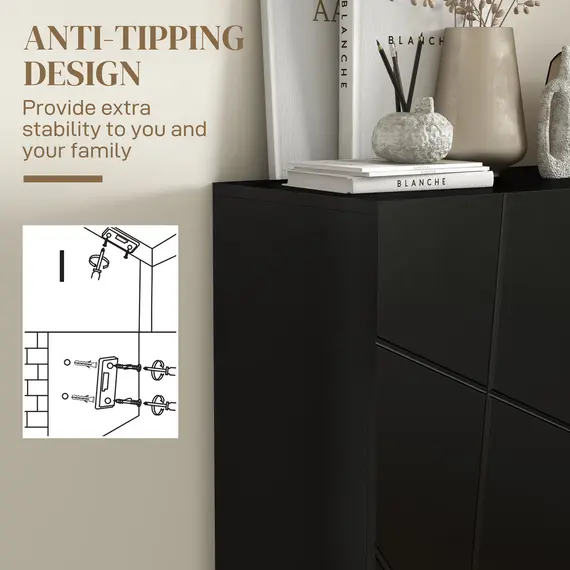 Buy Narrow Shoe Storage Cabinet with Soft-Close Hinges and Adjustable Shelves for 15-20 Pairs of Shoes, Black, 8 image