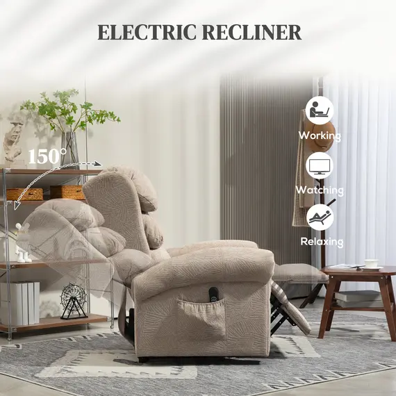 Buy Power Lift Recliner Chair for Elderly, Velvet Electric Riser and Recliner Armchair for Living Room with Remote Control, 2 Side Pockets, Thick Padded Back, Khaki, 5 image