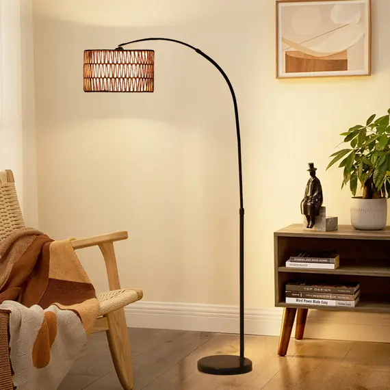 Buy Rattan Floor Lamp for Living Room, Farmhouse Arc Standing Lamp with Dual-Layer Shade & Foot Switch, Height Adjustable Minimalist Tall Pole Lampshade for Bedroom, Office, Black, 8 image