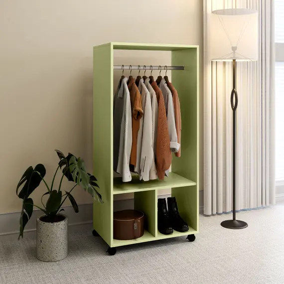 Buy Open Wardrobe on Wheels, Bedroom Wardrobe with Clothes Hanging Rail, 2 Storage Shelves, Mobile Garment Rack for Cloakroom, Hallway, Green, 8 image