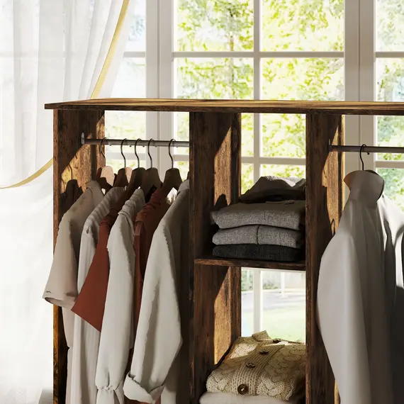 Buy Open Wardrobe Double Mobile Storage Shelves Organizer W/6 Wheels-Rustic Brown, 9 image