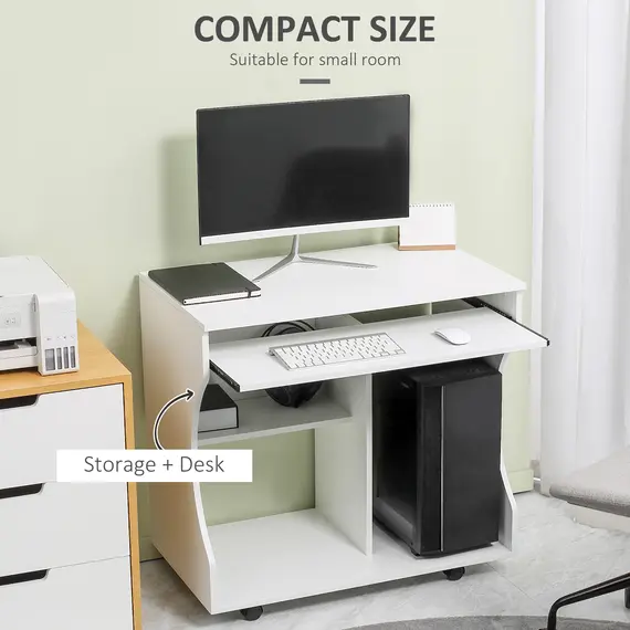 Buy Multi-Storage Compact Work Desk, with Wheels - White, 6 image