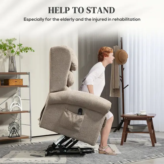 Buy Power Lift Recliner Chair for Elderly, Velvet Electric Riser and Recliner Armchair for Living Room with Remote Control, 2 Side Pockets, Thick Padded Back, Khaki, 4 image