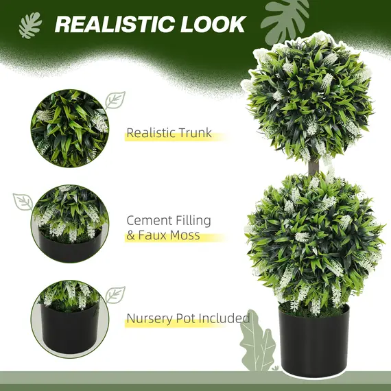 Buy Set of 2 Decorative Artificial Plants Ball Trees with Lavender Flowers in Pot Fake Plants for Home Indoor Outdoor Decor, 70cm, White, 4 image