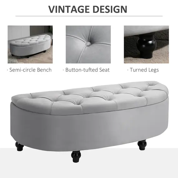 Buy Semi-Circle Ottoman Storage Bench, Bed End Bench, Tufted Upholstered Window Seat Footrest Stool with Rubberwood Legs for Bedroom & Entryway, 120 x 46 x 42 cm, Light Grey, 6 image