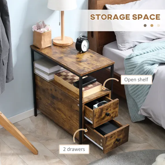 Buy Set of 2 Side Table, Narrow Bedside Table with 2 Drawers and Storage Shelf, Industrial End Table with Metal Frame for Small Spaces, Rustic Brown, 5 image