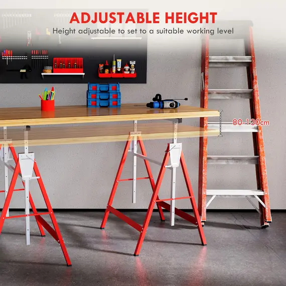 Buy Set of 2 Adjustable Telescopic Builders Trestle, DIY Steel Work Bench Carpenter, Folding Saw Horse Tools Red, 4 image